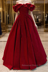 Wine Red Satin Off Shoulder Chic Long Party Dress, Wine Red Sweetheart Semi Formal Prom Dress